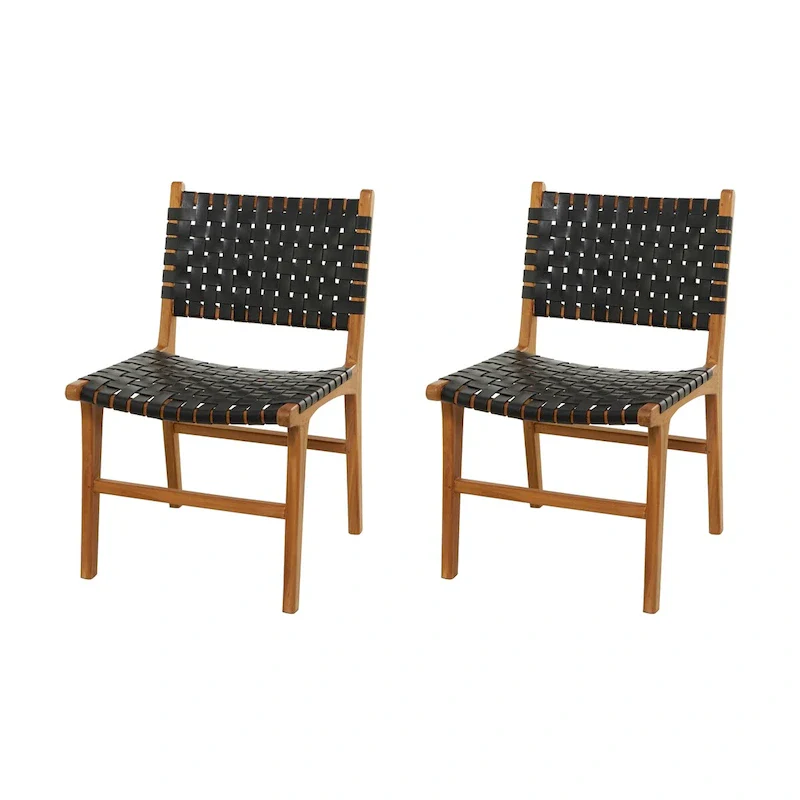 Woven Leather Dining Chairs with Teak Wood Frame - Set of 2