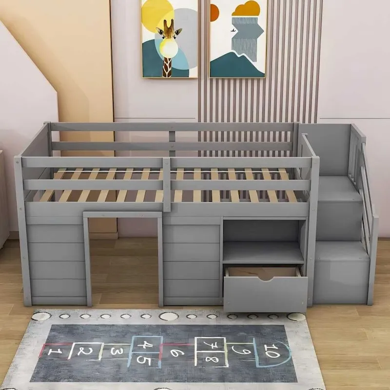 Solid Wood Low Loft Bed With Drawer and Stair,Twin Szie