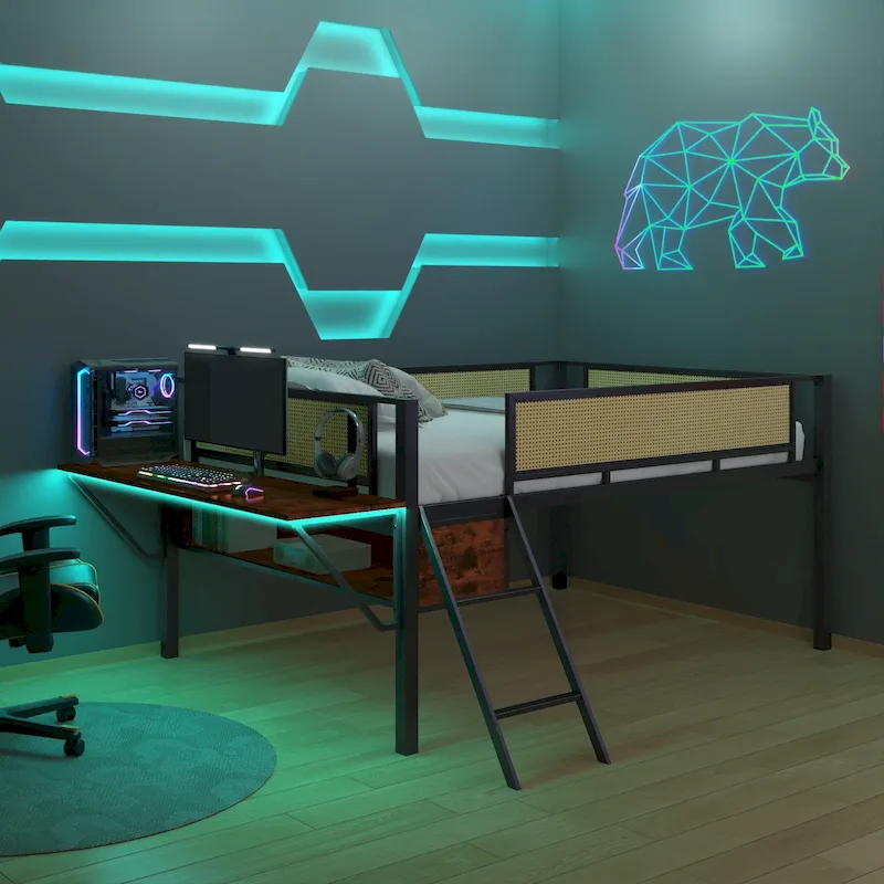 Black+Brown Full Size Metal Loft Bed with Rectangular Desk and Storage