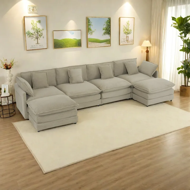6-Piece 149.6 Corduroy Upholstered U-Shaped Modular Sectional Sofa with Side Storage Pockets