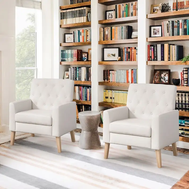 LUE BONA Modern Upholstered Accent Chair Linen Fabric Button Tufted Armchair with Solid Wood Frame - 28.5 W X 27.25 D X 33.75 H