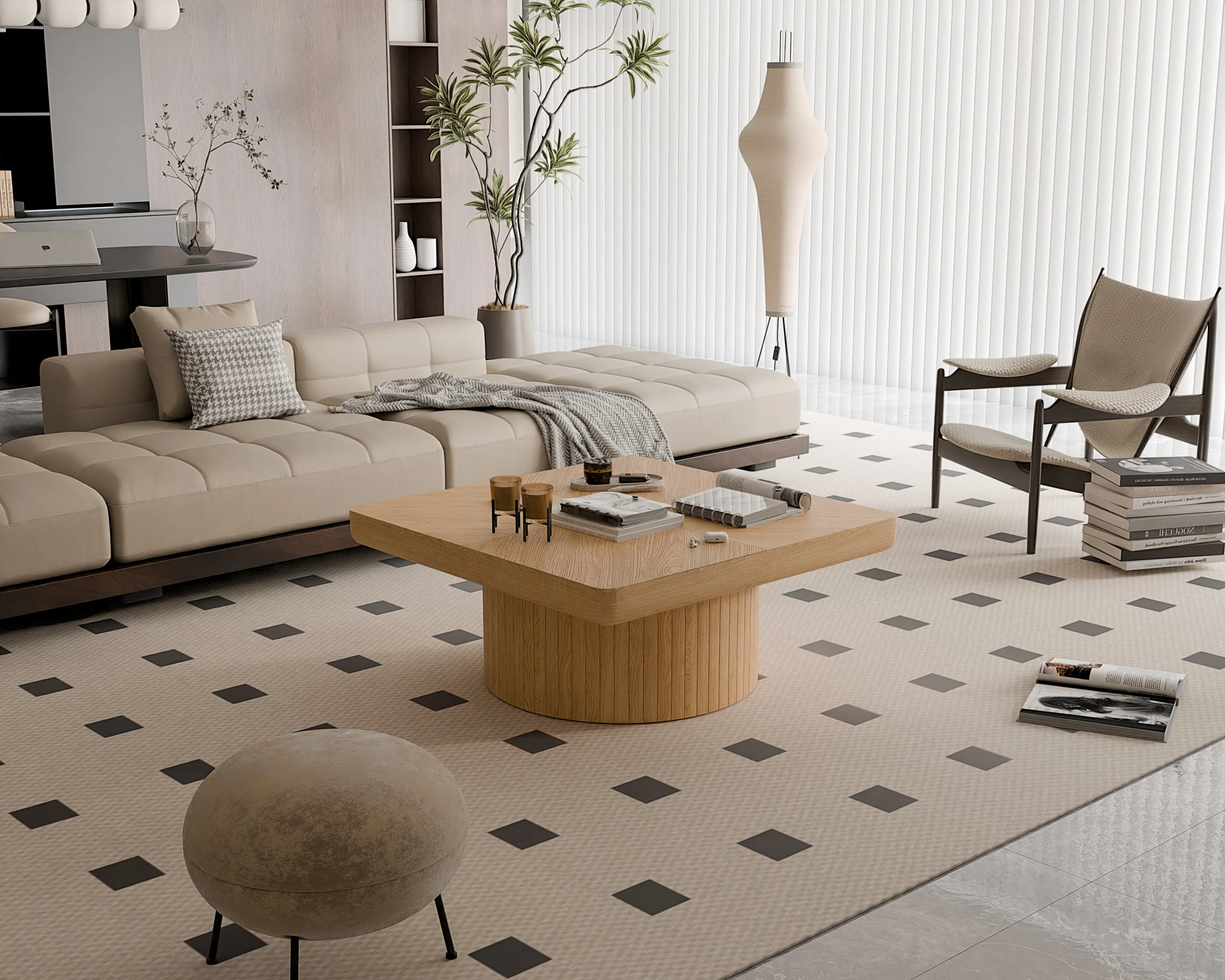 Modern Veneer 34.6'' Square Fluted Cylindrical Base Coffee Table