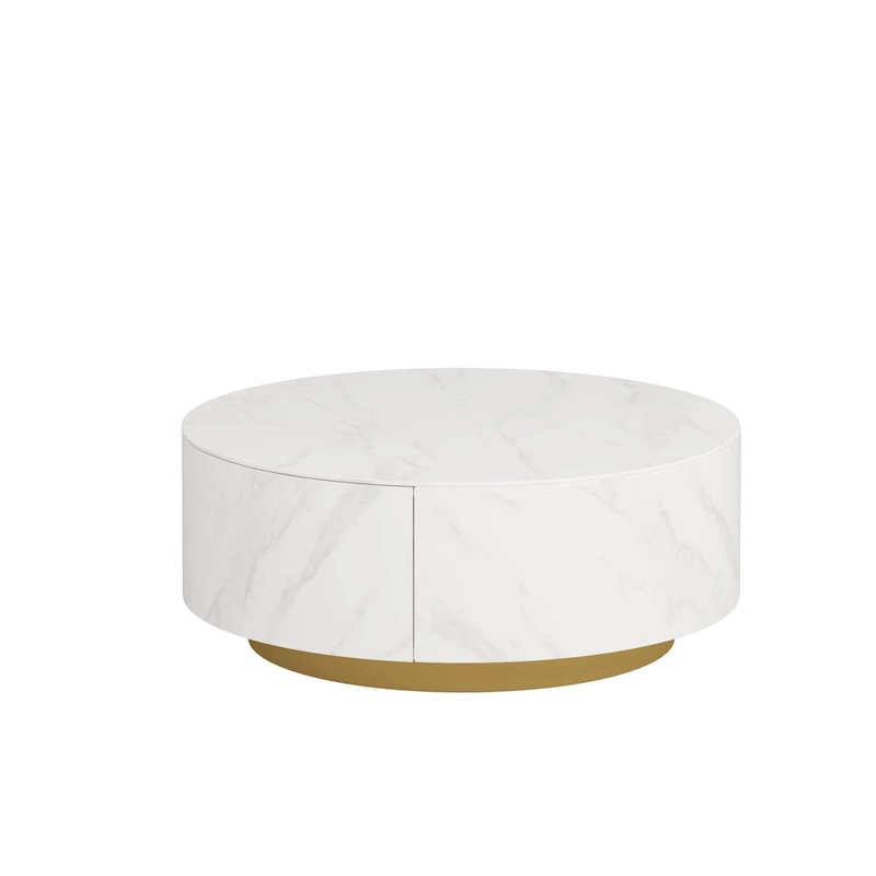 Faux Marble Top Round Modern Coffee Table with 2 Drawers