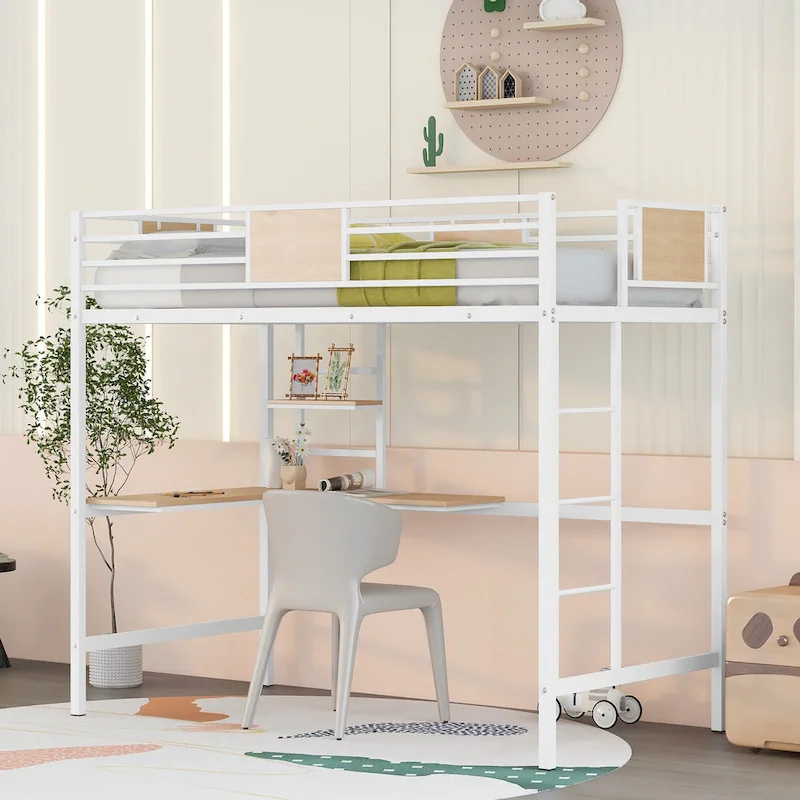 Twin Size Metal Loft Bed with Desk and Shelves for Kids