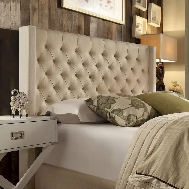 Detmold Queen Wingback Button Tufted Linen Fabric Headboard