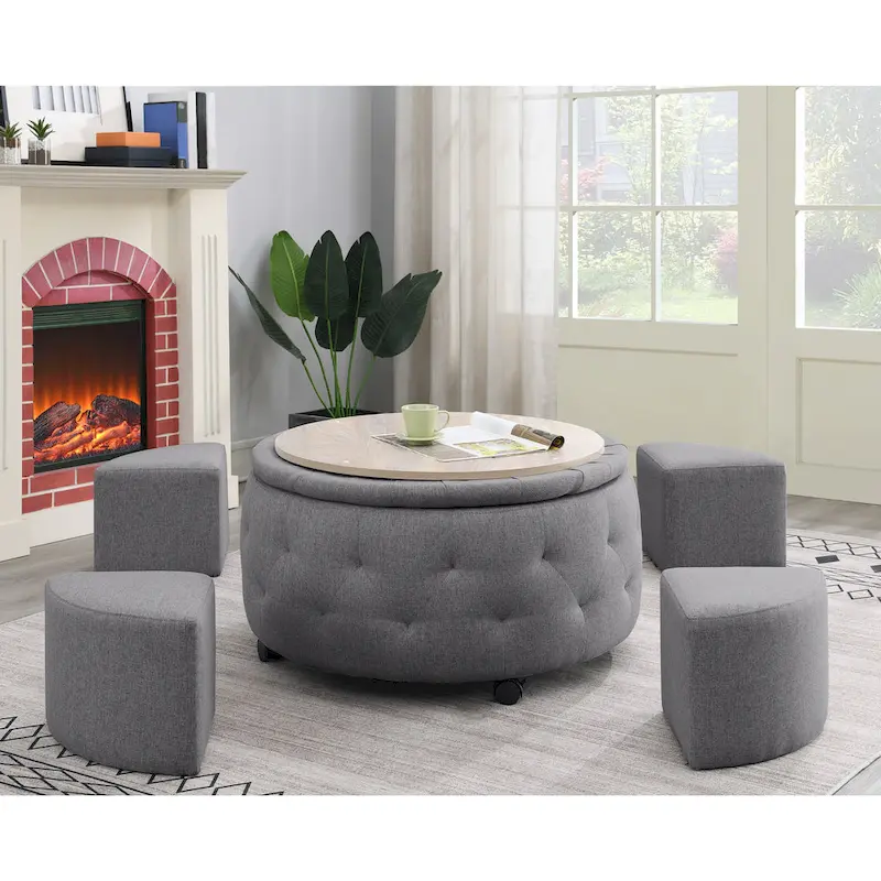 Indoor Grey Round Storage Ottoman Cocktail Set