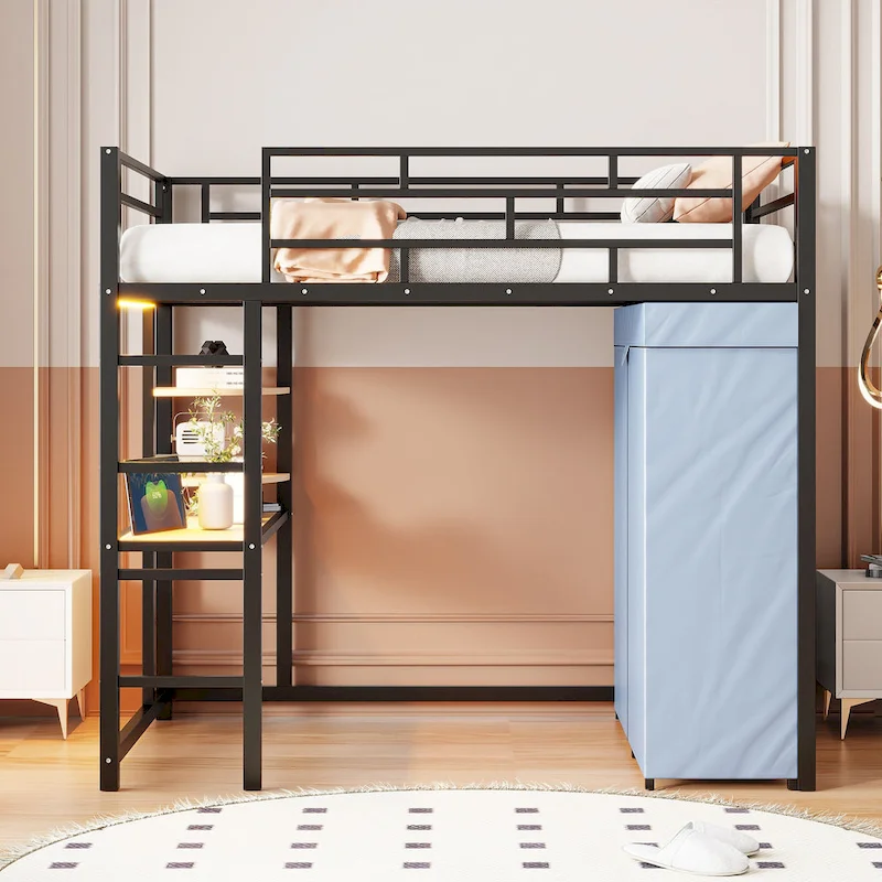 Twin Metal Loft Bed with Built-in Desk, Wardrobe & Power Outlet - 350LB Capacity