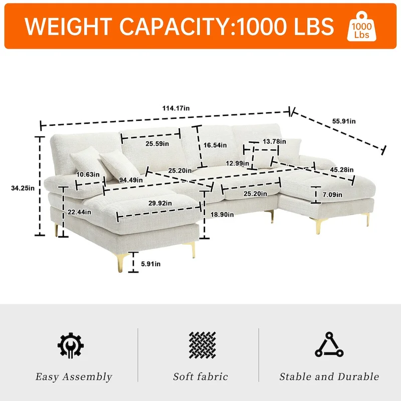 HOMEFUN Chenille Upholstered U-Shaped Living Room Sectional Sofa