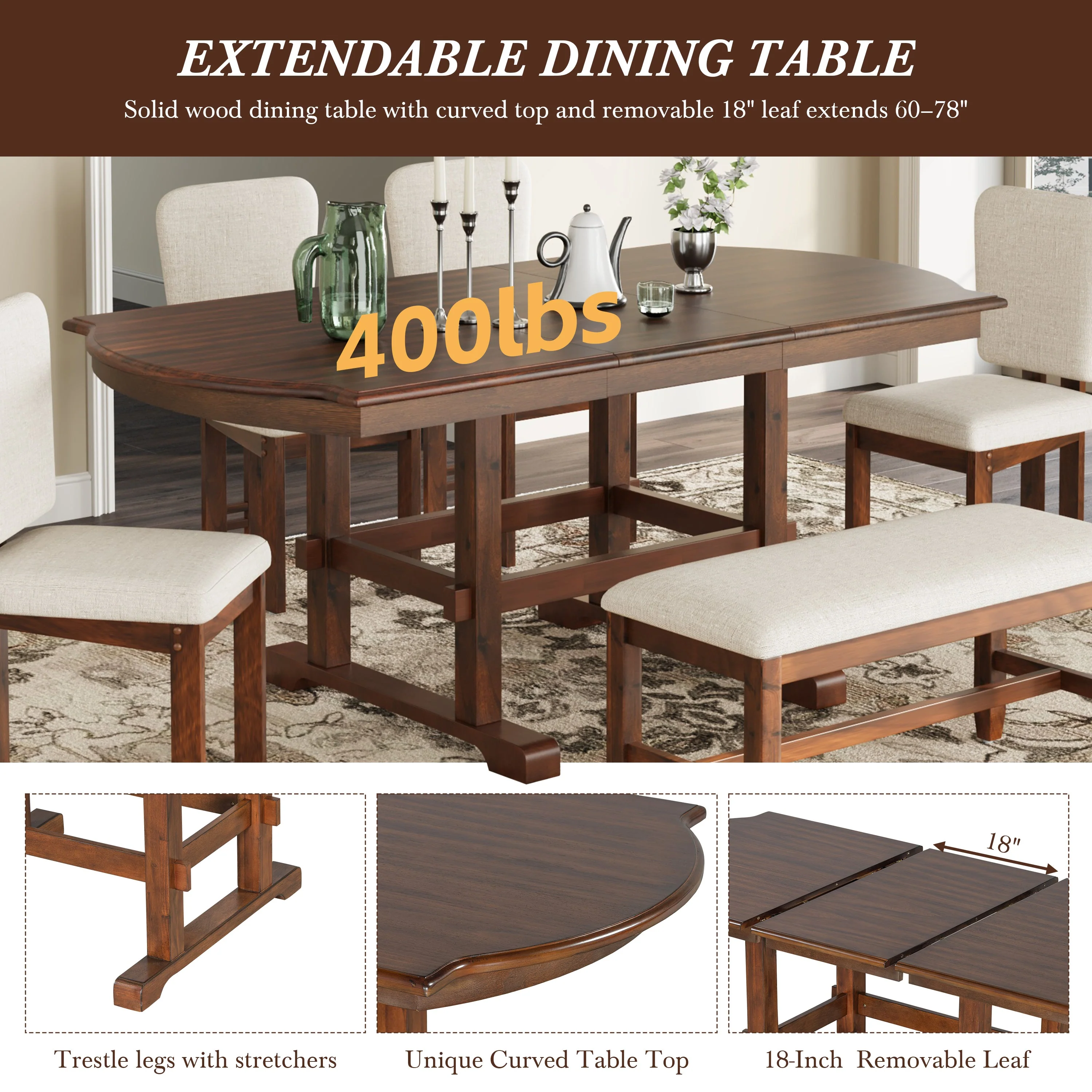 Traditional Farmhouse 6 Pieces 78 Extendable Dining Table Set with Bench