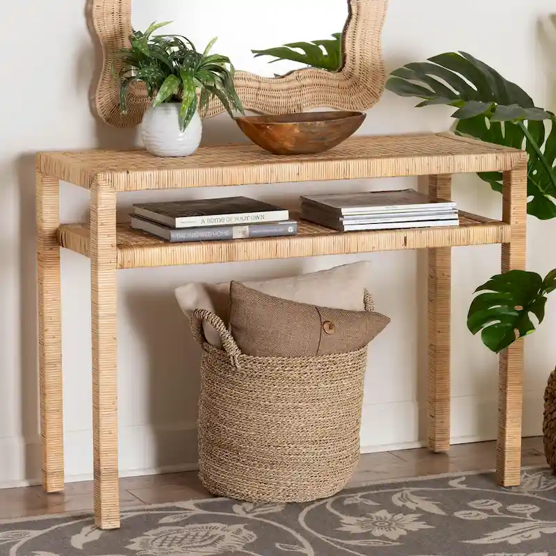 Kalimantan Bohemian Light Honey Rattan and Acacia Wood Console Table