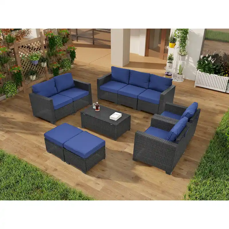 10 Piece Outdoor PE Rattan Sectional Sofa Set, Patio Conversation Furniture Set with Cushions and Coffee Table