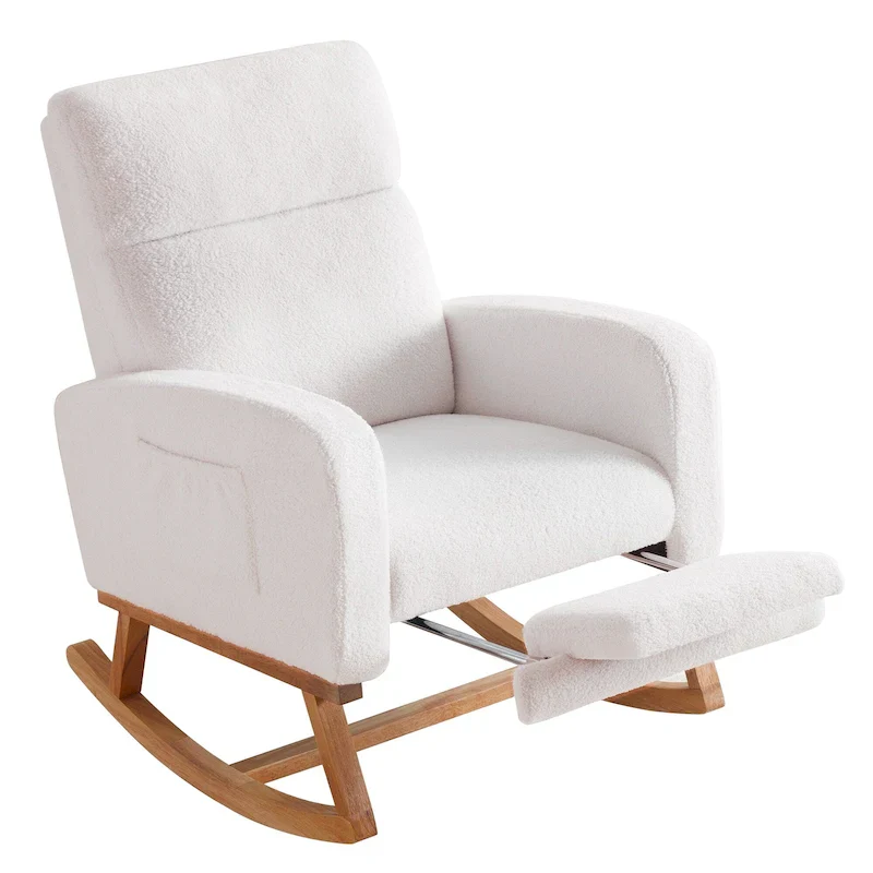 Linen Rocking Chair with Footrest and Side Pocket