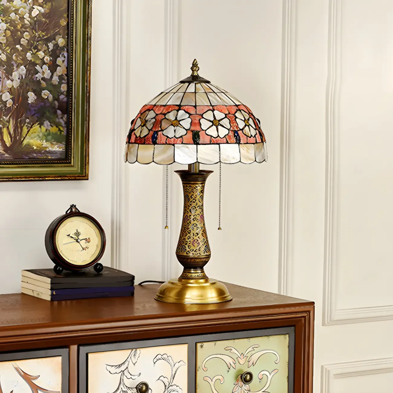 Antique Brass 2-Light Stained Glass Dome-Shape Table Lamp