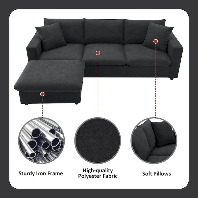Modern L-shaped 4-Seat Sectional Sofa Couch Set with Ottoman