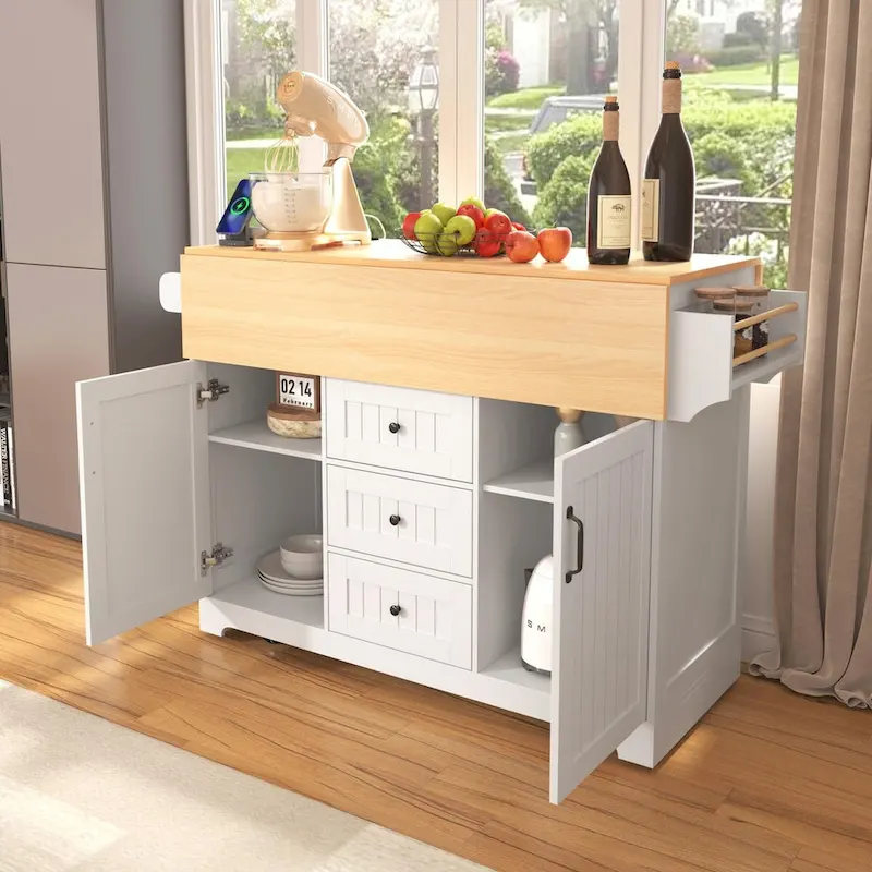 55.7 Kitchen Island with Drop Leaves, Rolling Cart with Power Outlet, Spice Rack, and 3 Drawers