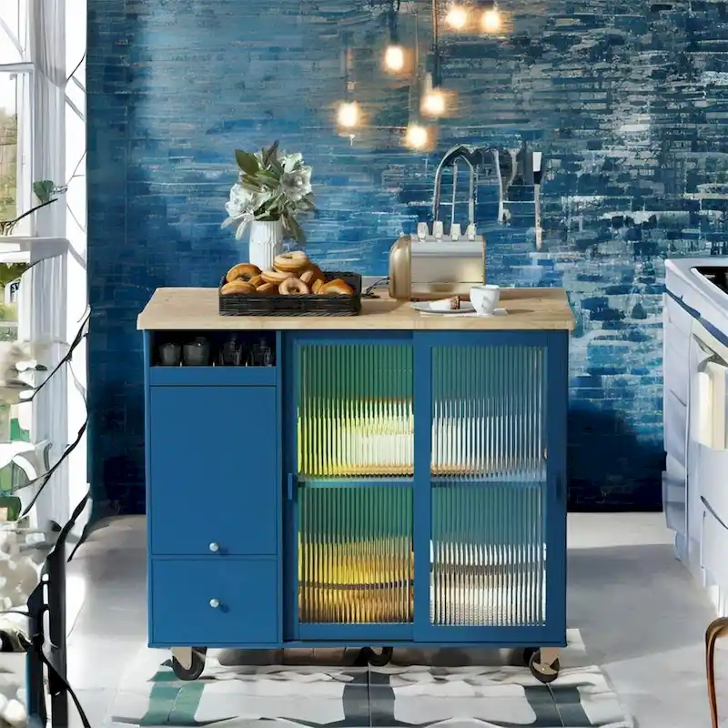 Kitchen Island with Drop Leaf,LED Light Kitchen Cart on Wheels