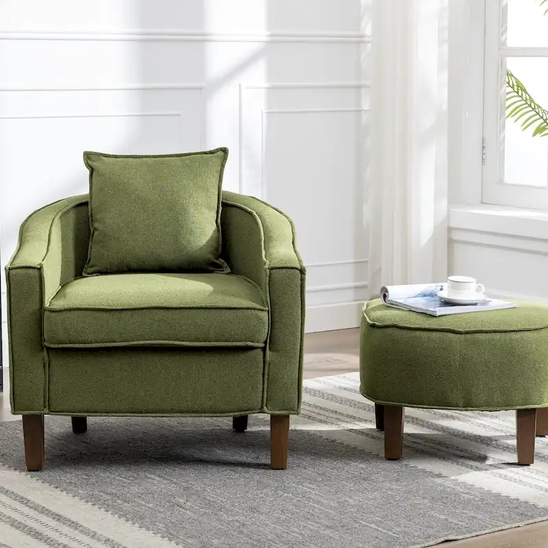 Linen/Polyester Upholstered Mid Century Barrel Chair with Ottoman