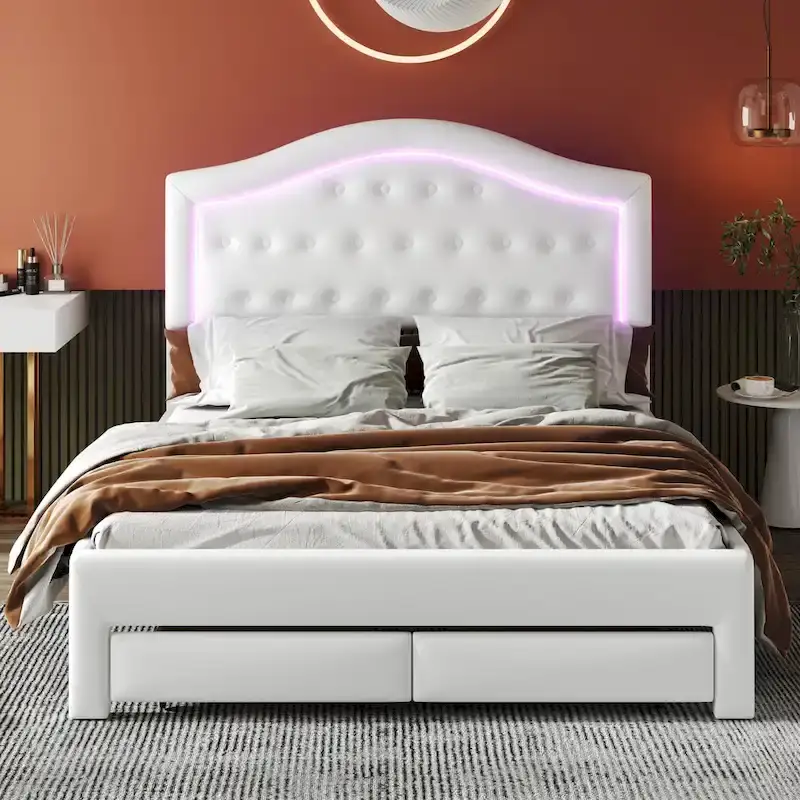 Upholstered Platform Bed with Tufted Headboard, LED and Two Drawers for Bedroom