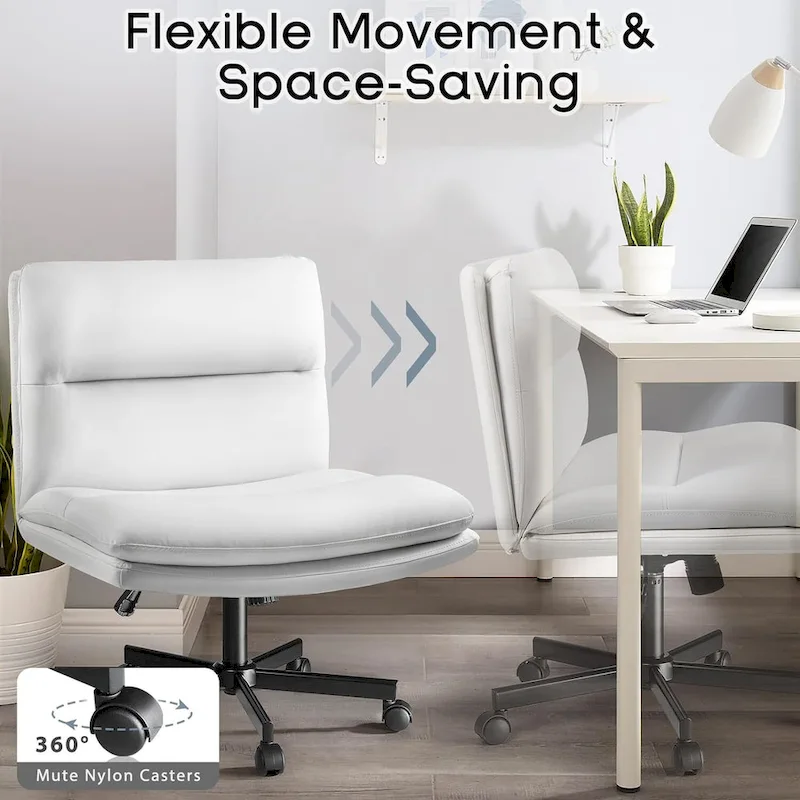 Bossin Criss Cross Chair with Wheels,PU Leather Armless Cross Legged Office chair, Adjustable Wide Seat Task Vanity Chair