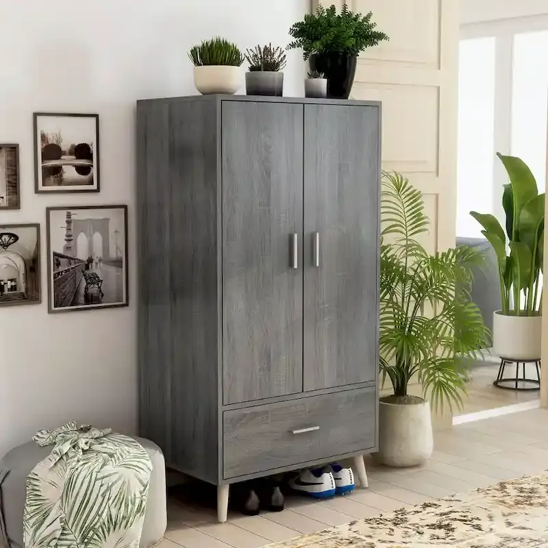Mid-Century Modern Distressed Grey 1-Drawer Wardrobe Armoire