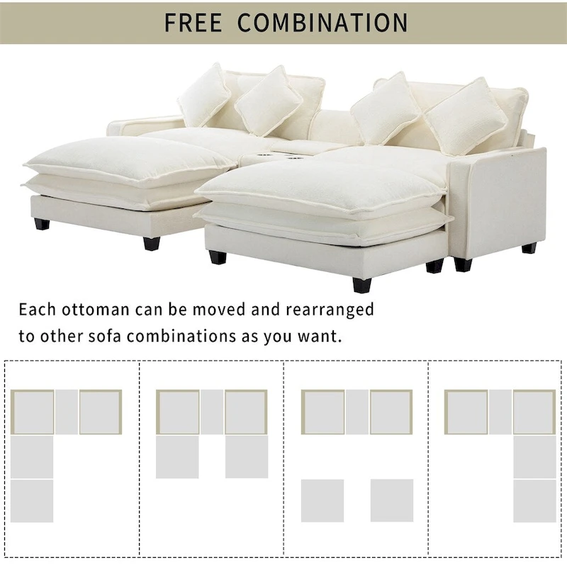 112.6  Chenille Upholstered Sectional Sofa with Two Removable Ottoman