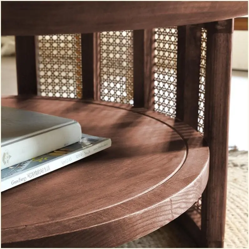 JASIWAY 2-Tiered Round Wood Coffee Table with Rattan Base