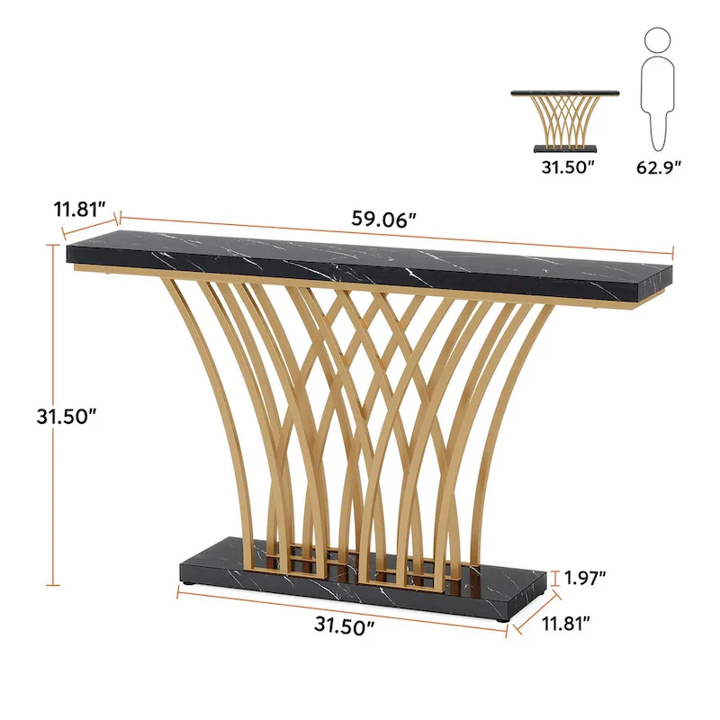 59 Inches Console Table,Gold and White Faux Marble Entryway Table