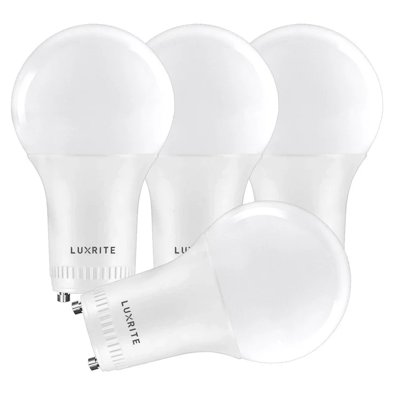Luxrite GU24 LED A19 Light Bulb 60W Equivalent, 800lm, Dimmable, 9W, Enclosed Fixture Rated, UL Listed, E26 Base, 4-Pack