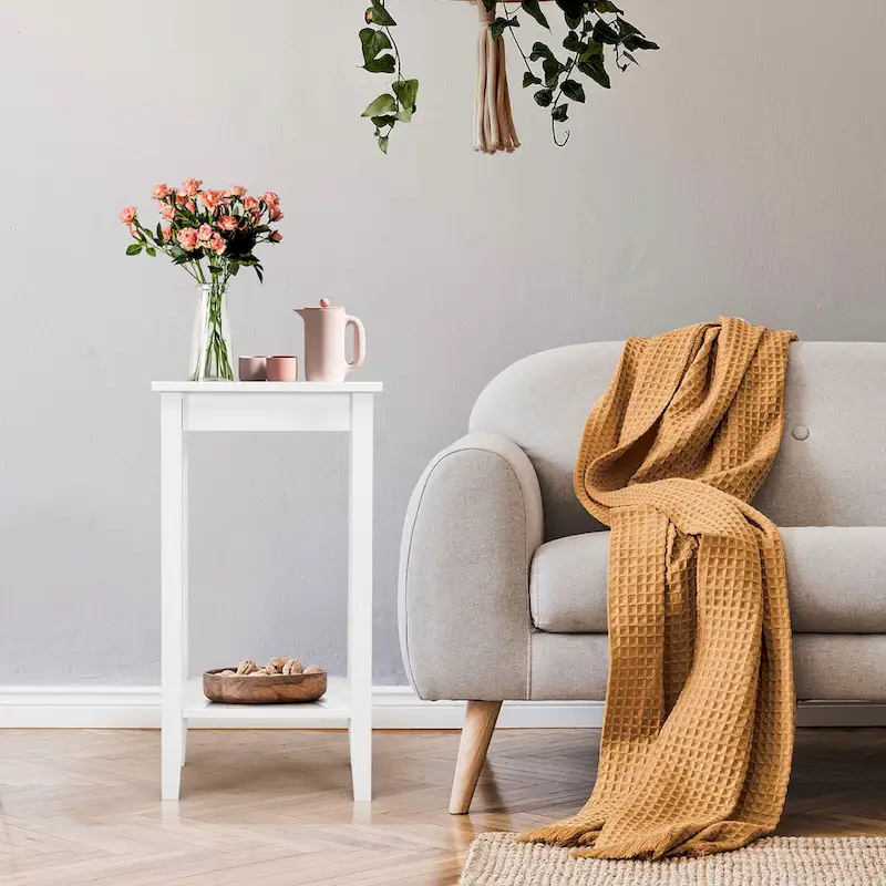 2-Tier Nightstand End Table, Set of 2, Wood & MDF, 4 Solid Legs, 16