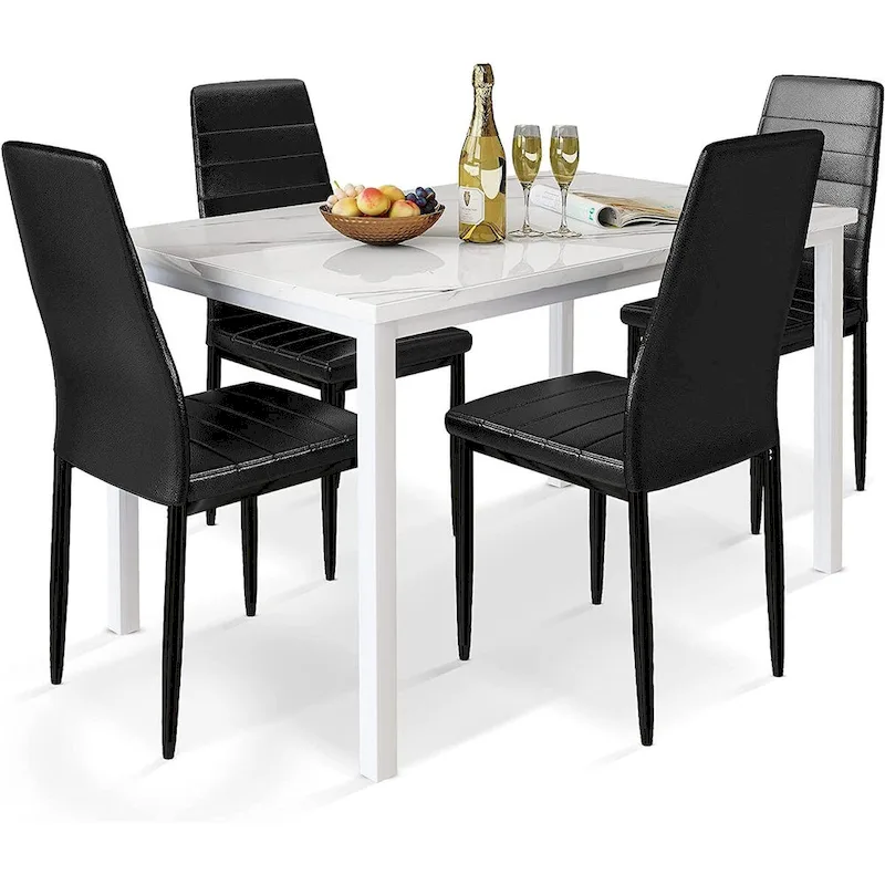 Modern 5-Piece Kitchen Dining Set, Counter Height Dinette Set with Marble Look Top and 4 Upholstered PU Leather Chairs