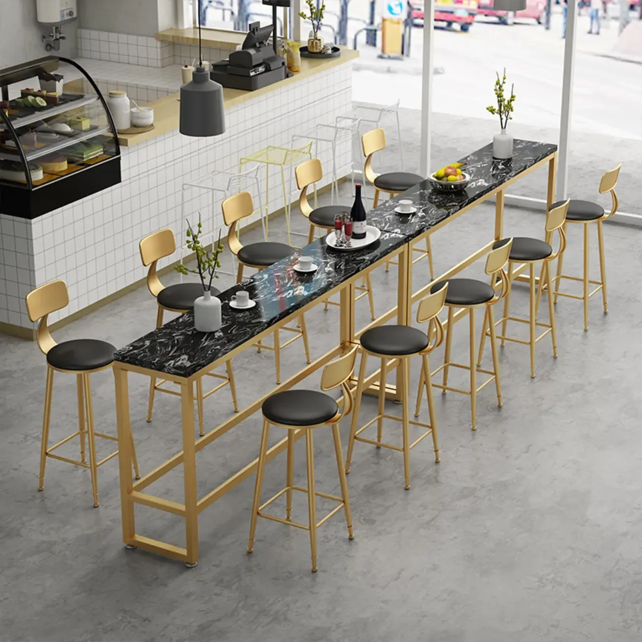 Modern Rectangle Marble Top Bar Table Gold Base with Footrest