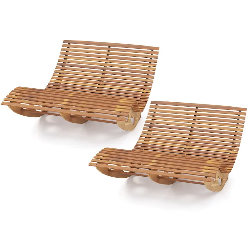 Gymax 2PCS Outdoor Double Chaise Lounge for 2 w/ High Back Slatted
