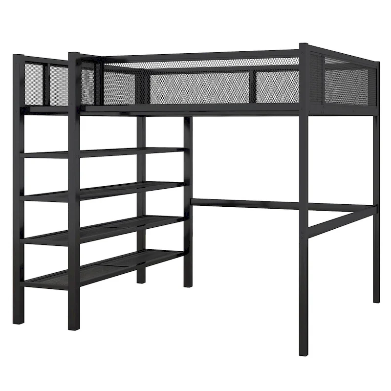Black Full Metal Loft Bed with Storage Shelves