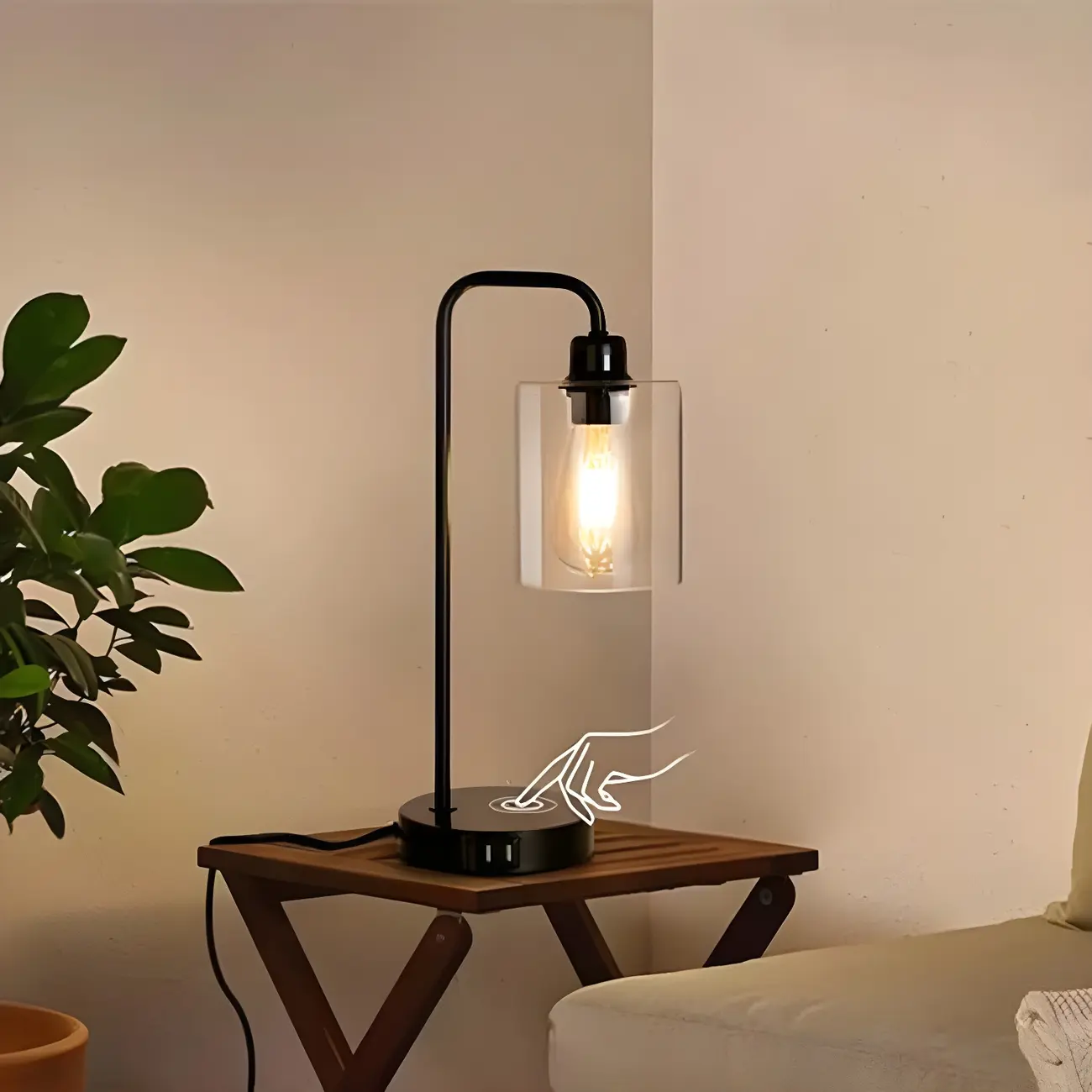Simple Black Metal Glass Barrel Table Lamp with Touch Switch