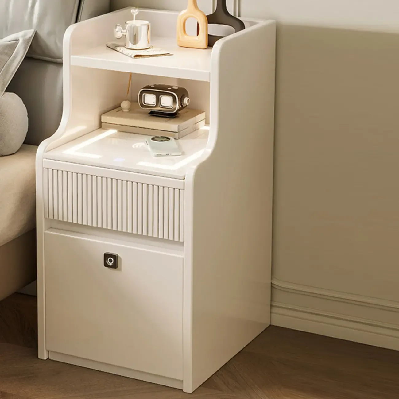 Smart Versatile White Wood Nightstand with Fingerprint Lock