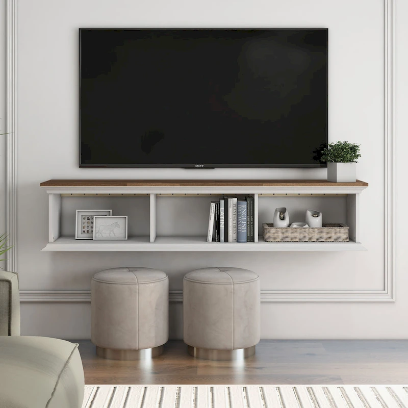 DH BASIC Transitional White 63-Inch 3-Shelf Floating TV Stand by Denhour