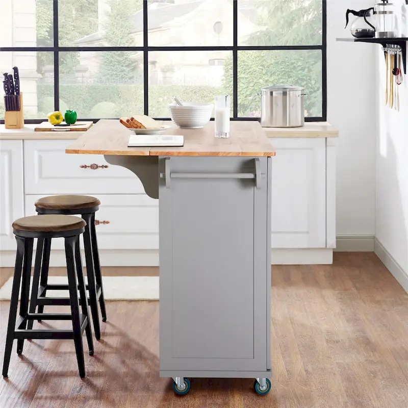 Kitchen Island Cart with Drop-Leaf and Rubber Wood Top, Rolling Kitchen Trolley Cart Cabinet