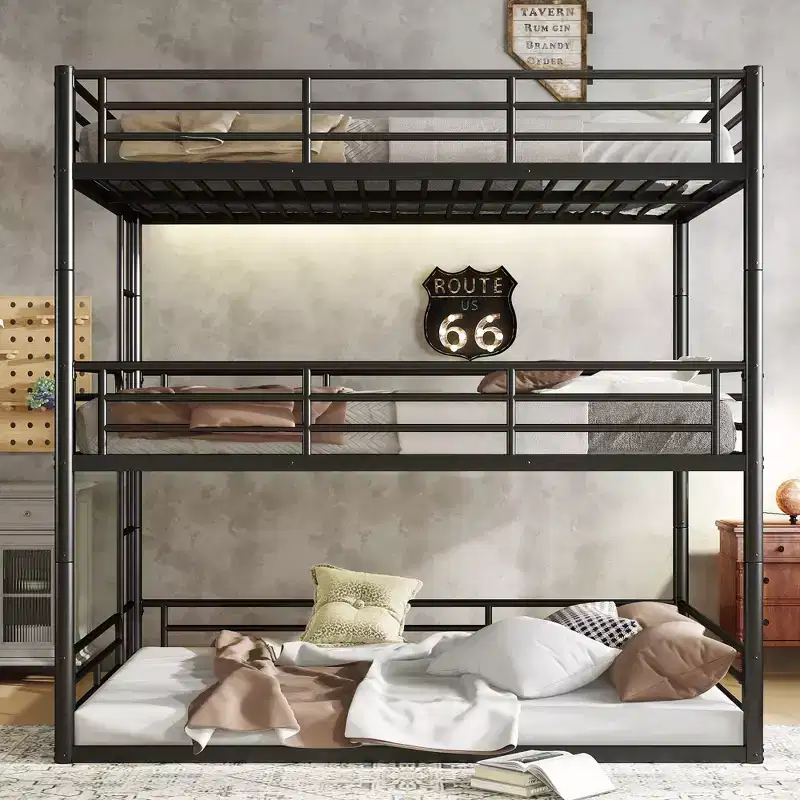 Metal Triple Bunk Bed, Black/White, Full Over Full Over Full / Twin Over Twin Over Full, Sleeps 3