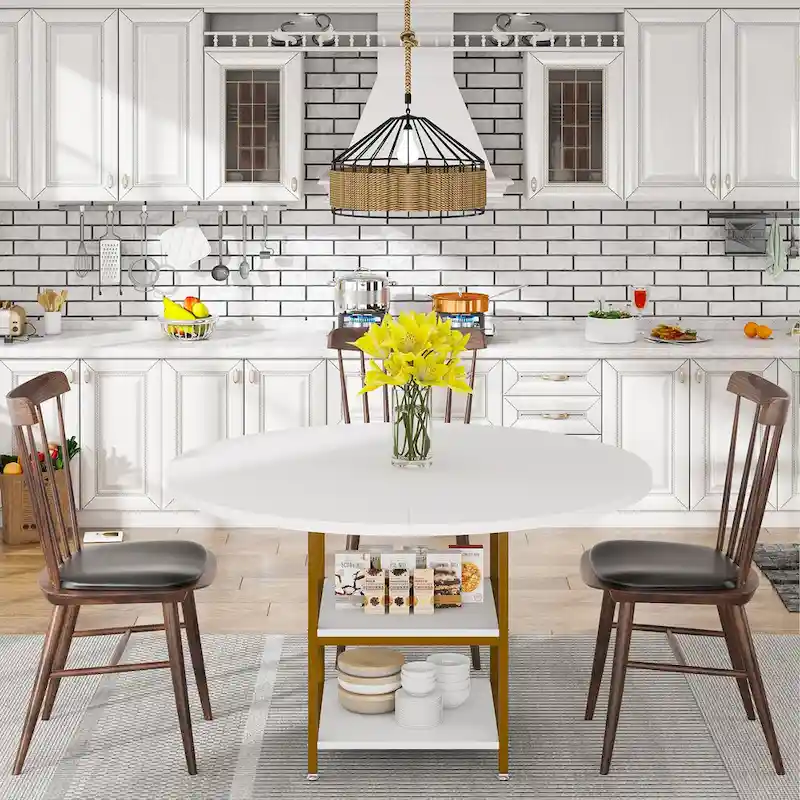 47 Inches Round Dining Table for 4 People Kitchen Tables Dinner Table with 2-Tier Storage Shelves