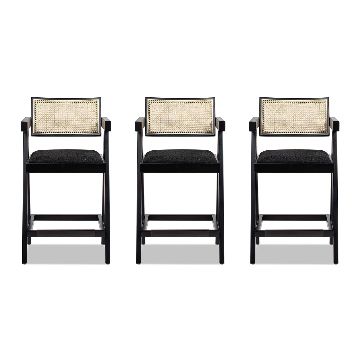 Milan 25.5' Modern Resin Webbing Back Boucle Bar Stool with Arms, Set of 3