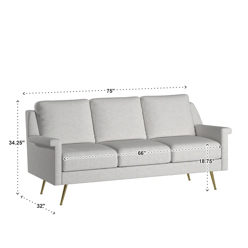 Mid-Century Modern Grey Fabric Sofa with Gold Metal Legs, 3-Seat Living Room Couch
