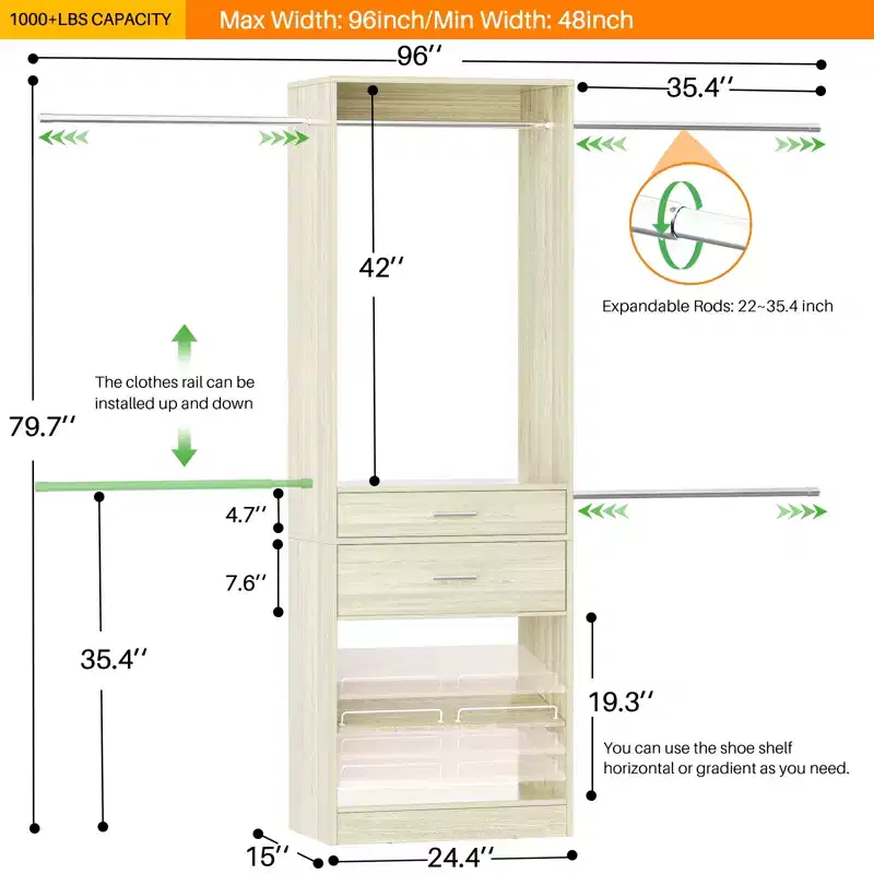 Besiost Closet System with 2 Wooden Drawers and Adjustable Shoes Rack