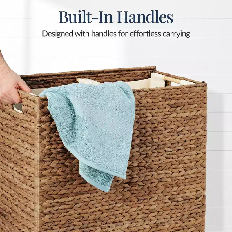 Best Choice Products Large Natural Water Hyacinth Double Laundry Hamper Basket w/ 2 Liner Bags, Handles