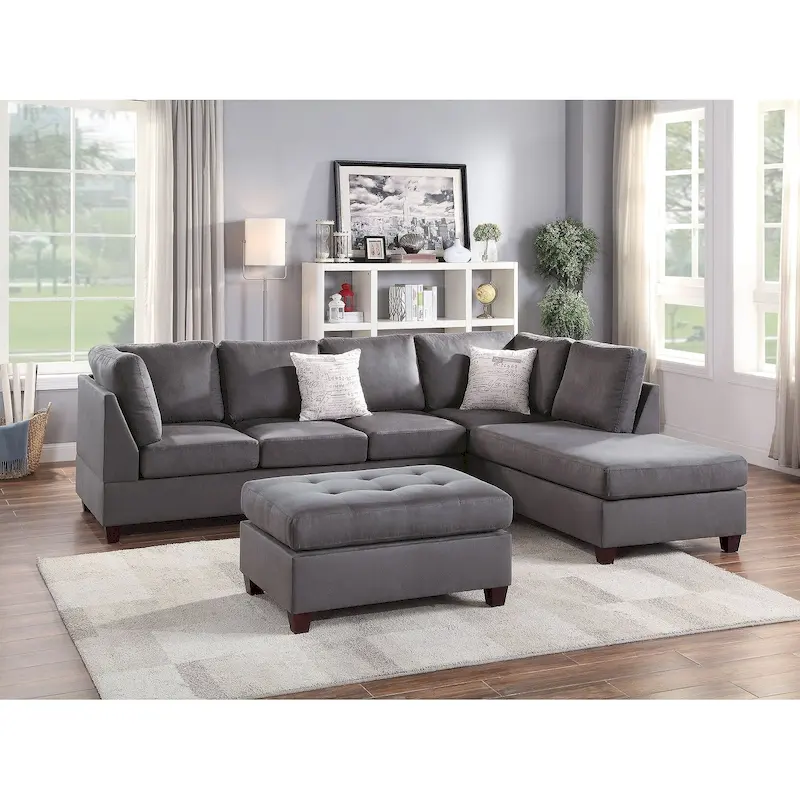 Poundex 3 Piece Fabric Sectional Sofa Set with Ottoman
