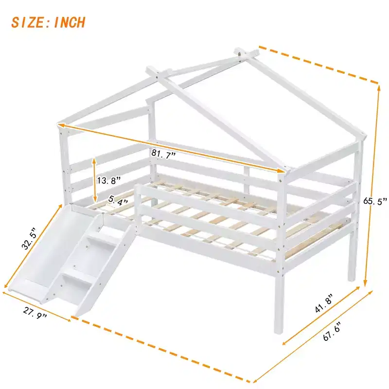 Whisen 81.7L x 67.6W Twin Low Loft House Bed with Slide, Ladder, Safety Guardrails, House Roof Frame