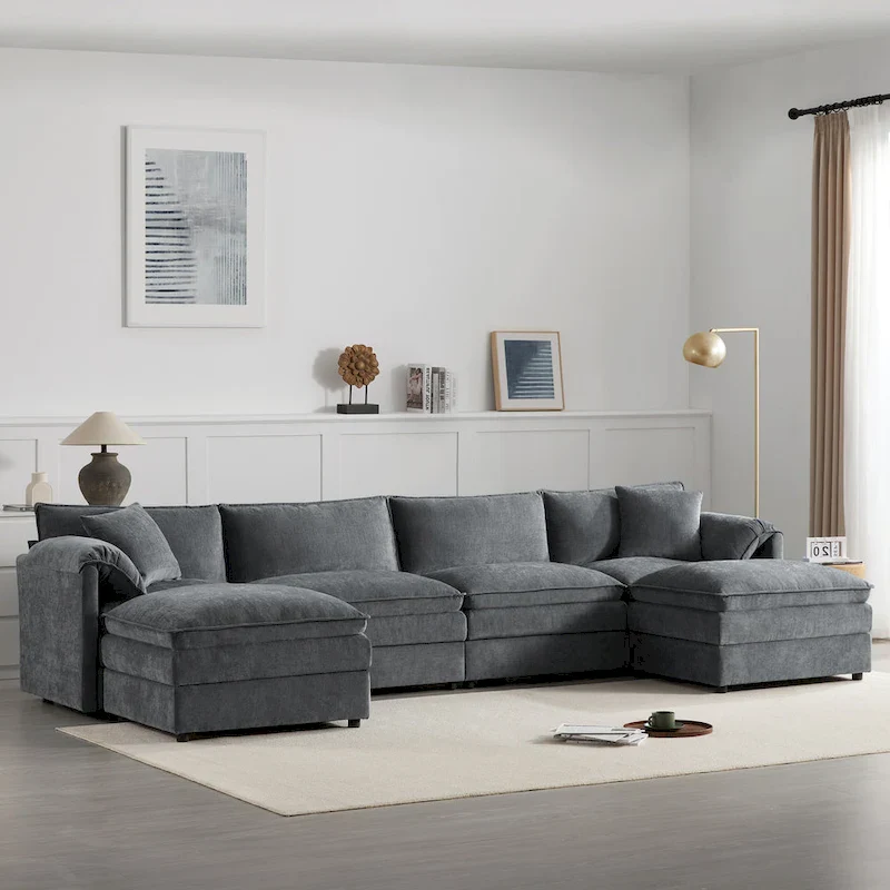 136 U-Shaped Chenille Cloud Sectional Sofa with Dual Ottomans