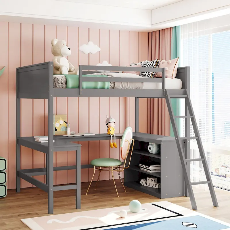 Full Size Loft Bed with Shelves and Desk, Wooden Full Loft Bed Frame with Desk