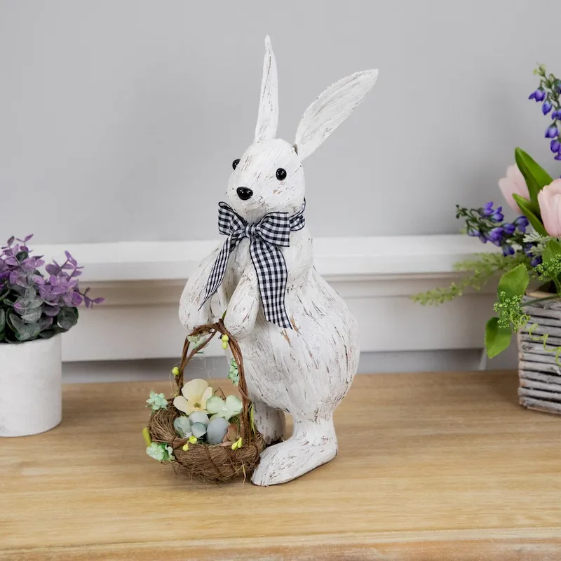 Rustic Rabbit with Easter Basket Standing Figure - 14  - Brushed White