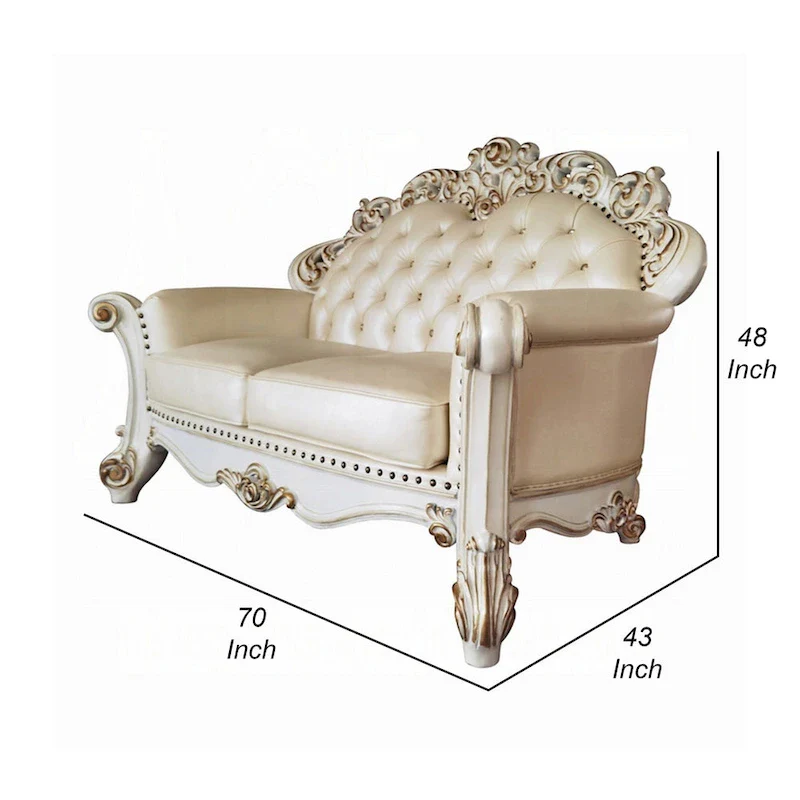 Antoine Loveseat, Carved, Champagne Faux Leather, Pearl White 70 Inch