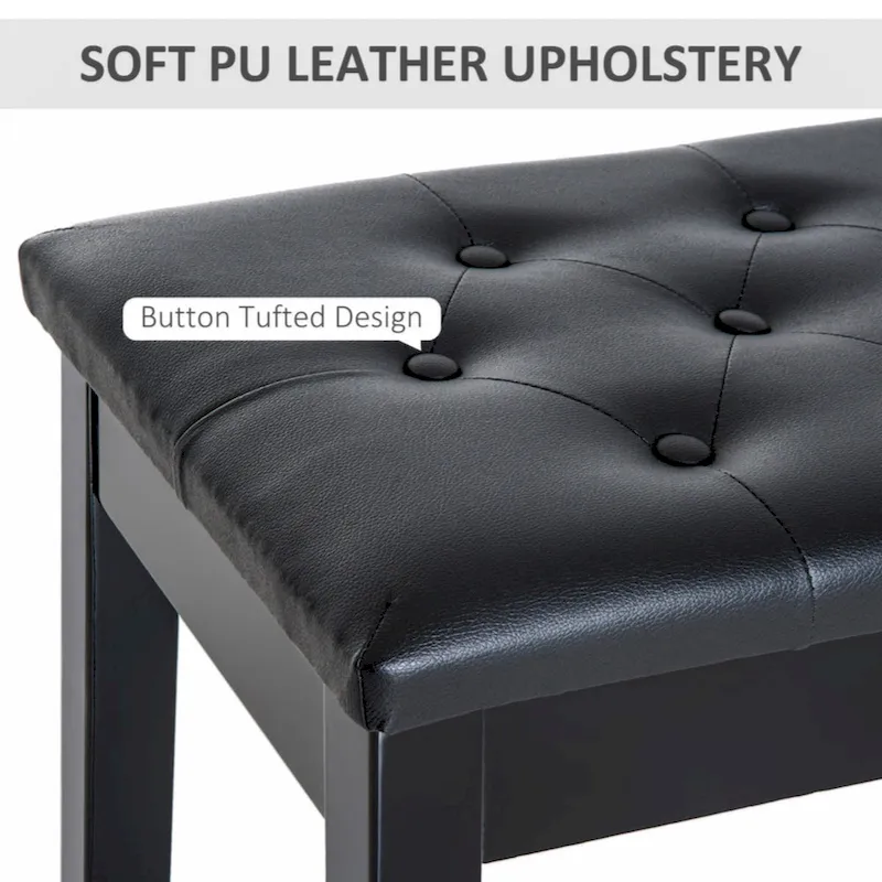 Duet Piano Chair with Faux Leather Padded Cushion and Wooden Frame, Button Tufted Keyboard Bench, Black